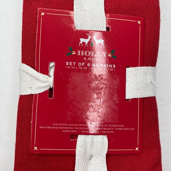 Holly & Moss Red Holiday Napkins Set Of 6 18"x18" Cotton Polyester White Borders - Picture 4 of 5